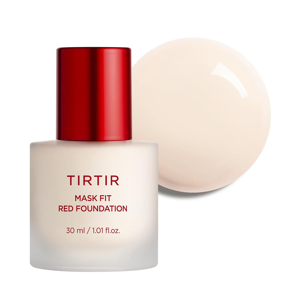 TIRTIR Mask Fit Red Foundation bottle closeup highlighting energy complex for hydration