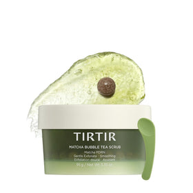TIRTIR Matcha PDRN Bubble Tea Scrub packaging highlights vegan formula for gentle exfoliation.