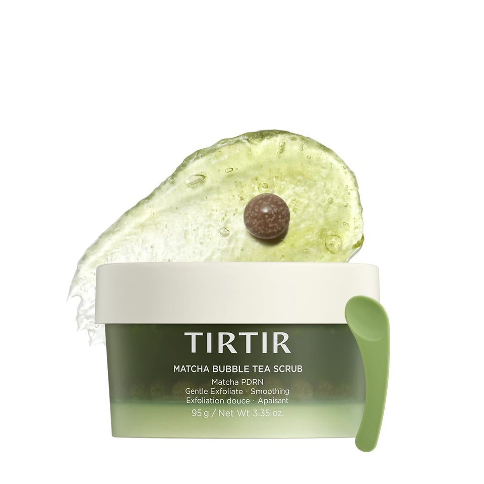 TIRTIR Matcha PDRN Bubble Tea Scrub packaging highlights vegan formula for gentle exfoliation.