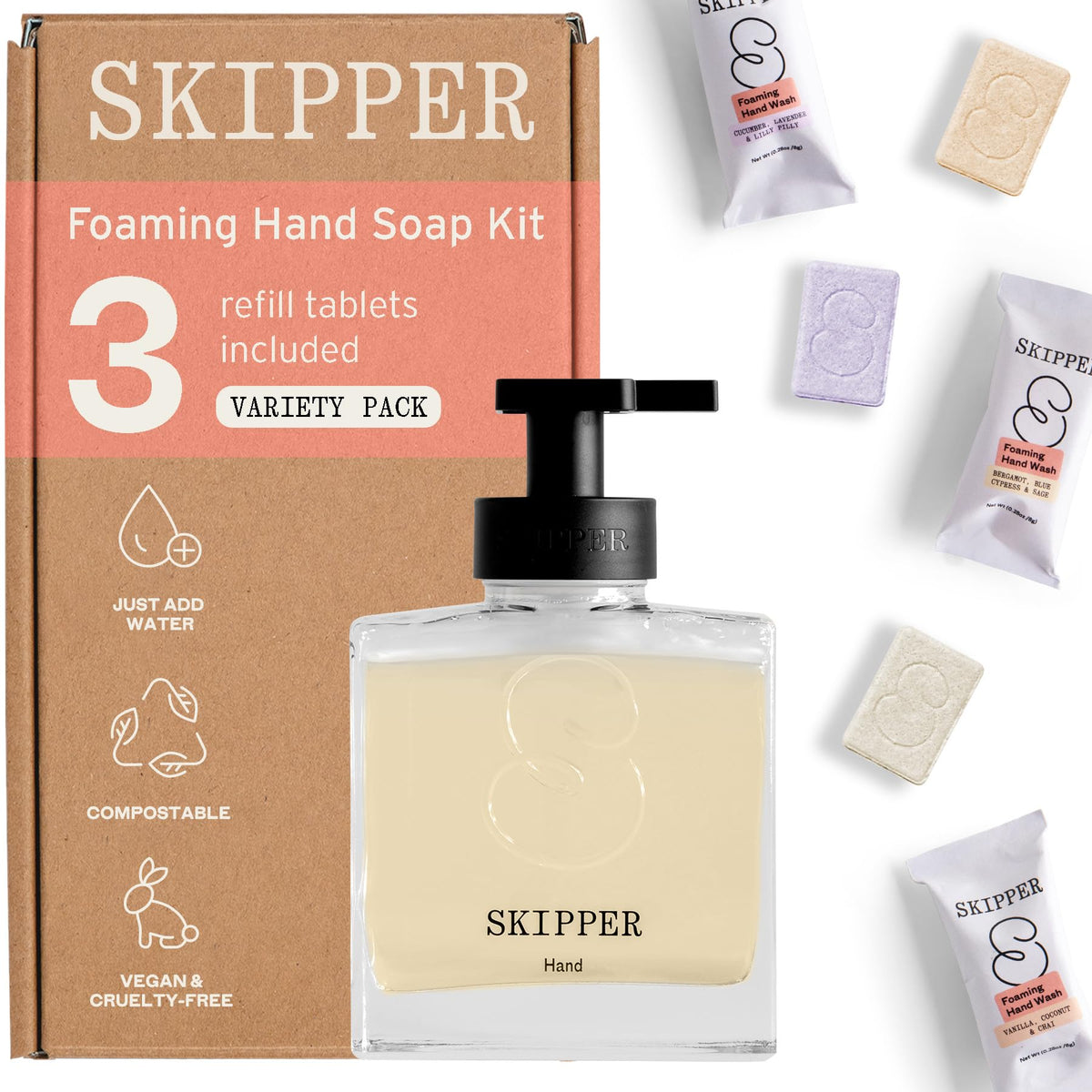 Tirtyl Skipper glass dispenser ready for reusable foaming hand soap.