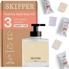 Tirtyl Skipper glass dispenser ready for reusable foaming hand soap.