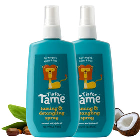 T is for Tame bottle spray demonstrates gentle detangling for kids' hair.