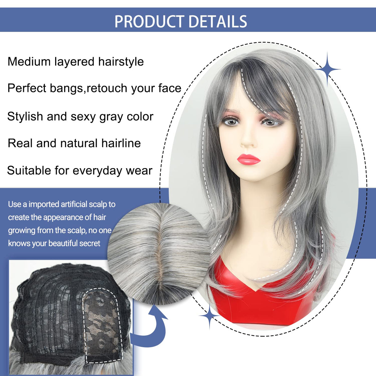 TISHINING layered bob grey wig with side part for chic look