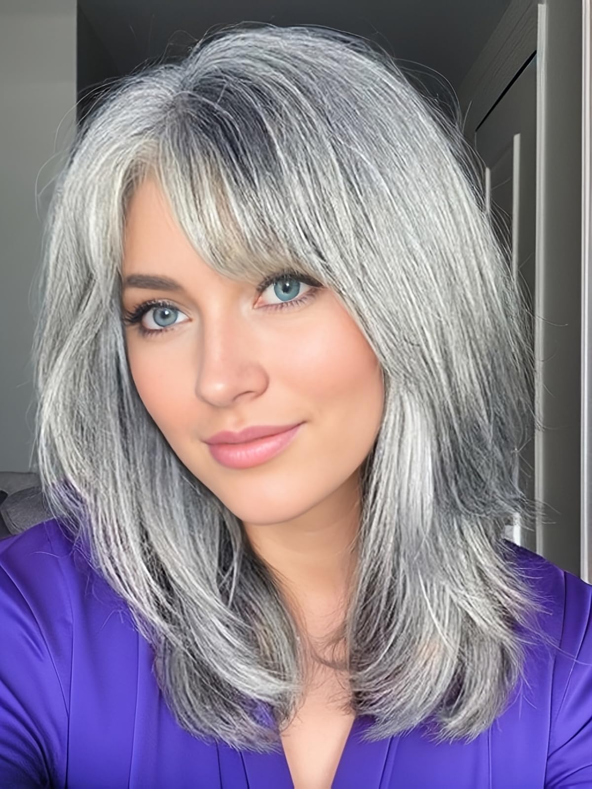 TISHINING grey wig with silver waves and bangs for everyday wear