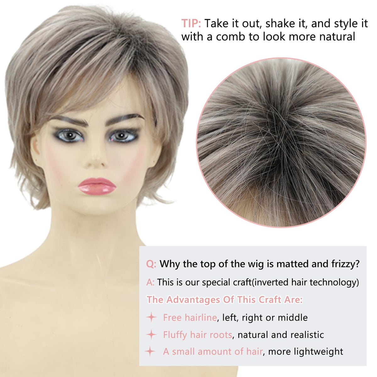 TISHINING Ombre Gray Wig color detail with dark roots