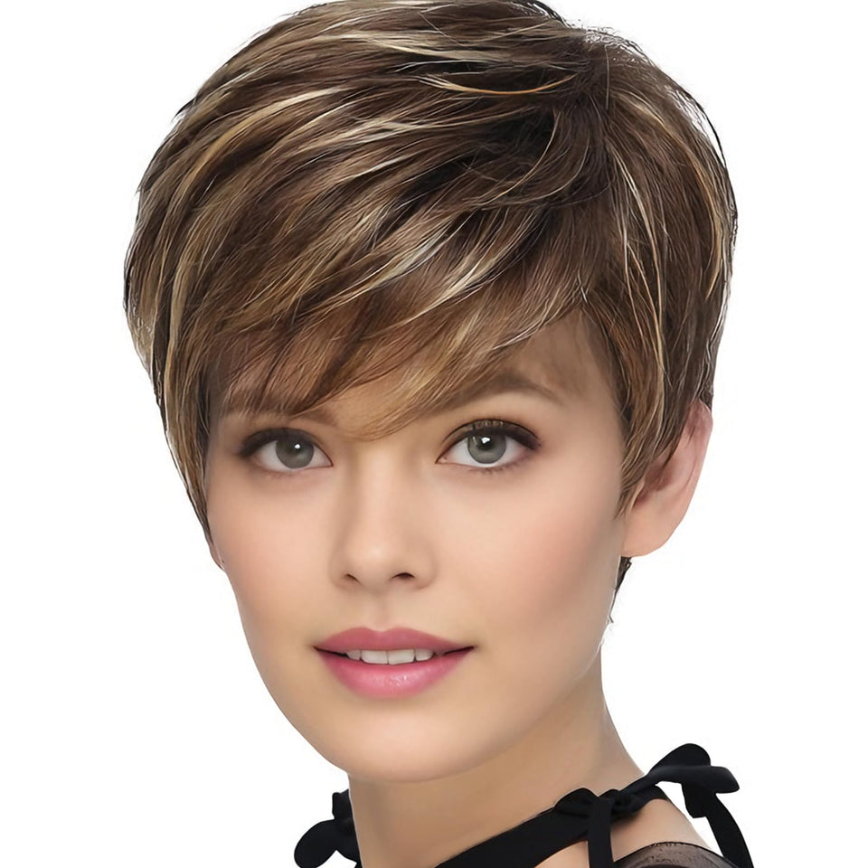 TISHINING Pixie Cut wig close-up shows brown base with blonde highlights for daily wear.