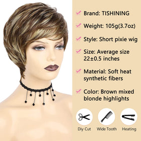 TISHINING Pixie Cut wig packaging highlights cap design and breathability.