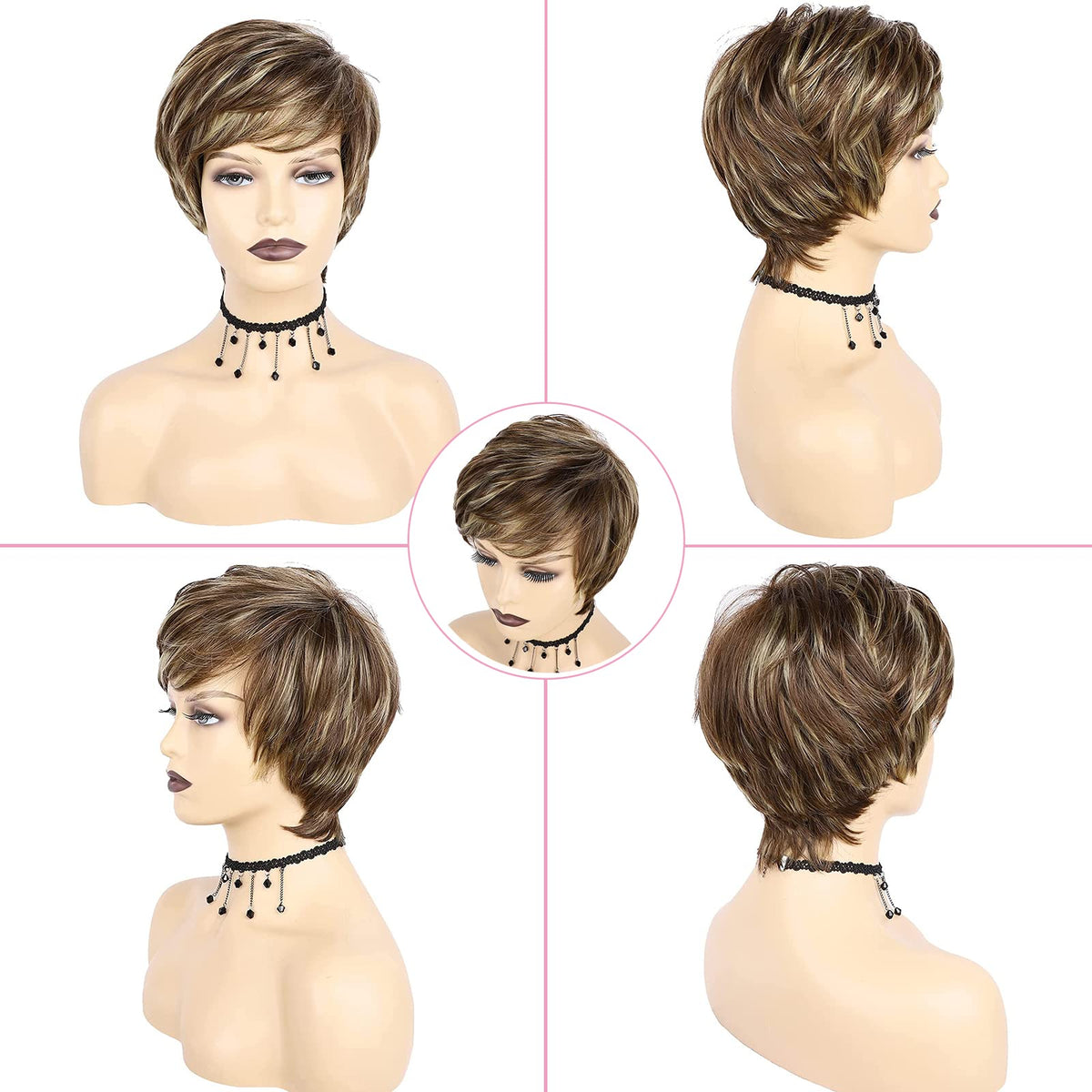 TISHINING Pixie Cut wig on model demonstrates versatile bangs styling.