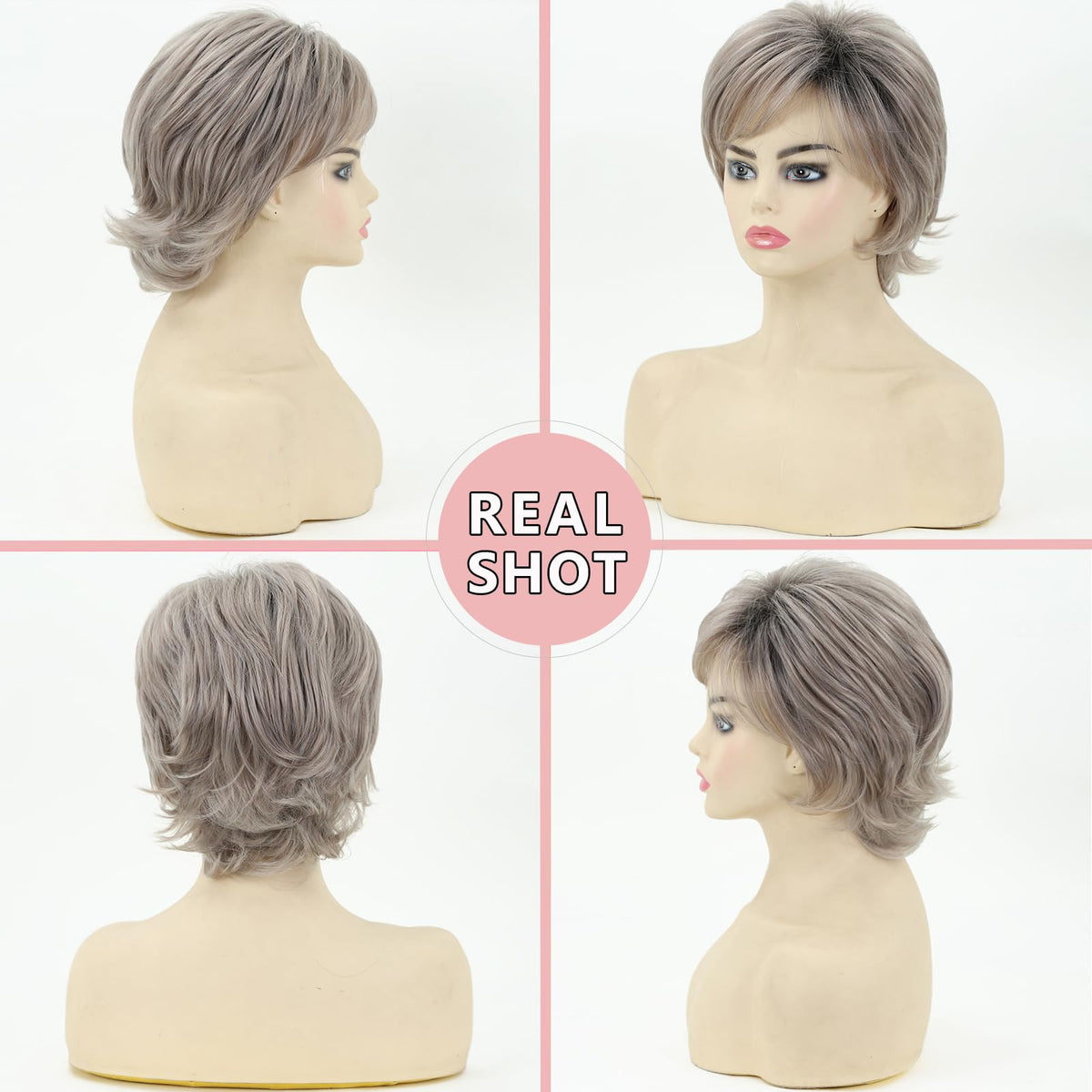 TISHINING Pixie Cut Ombre Gray Wig back view with layered texture