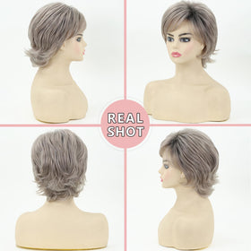 TISHINING Pixie Cut Ombre Gray Wig back view with layered texture