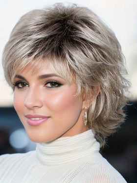 TISHINING Pixie Cut Ombre Gray Wig front view for a natural look