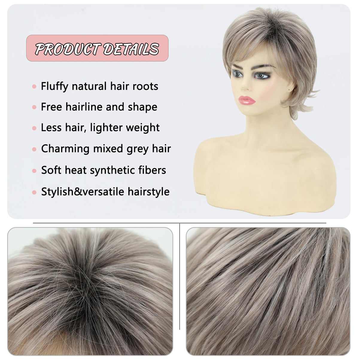 TISHINING Pixie Cut Ombre Gray Wig side view showing fluffy layers
