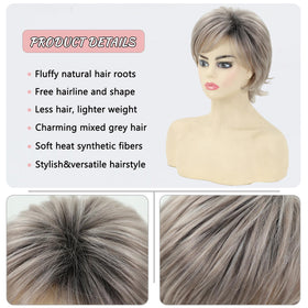 TISHINING Pixie Cut Ombre Gray Wig side view showing fluffy layers