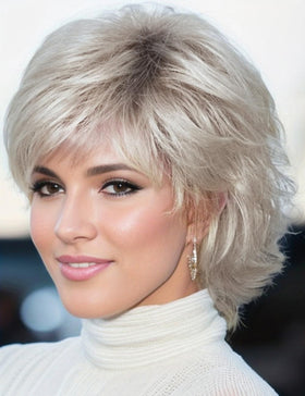 TISHINING pixie cut wig with bangs, front view, silver gray for versatile everyday style
