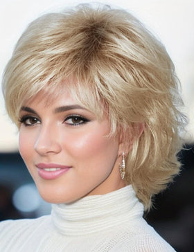 TISHINING Pixie Cut short ombre blonde curly wig with bangs offers a natural daily look.