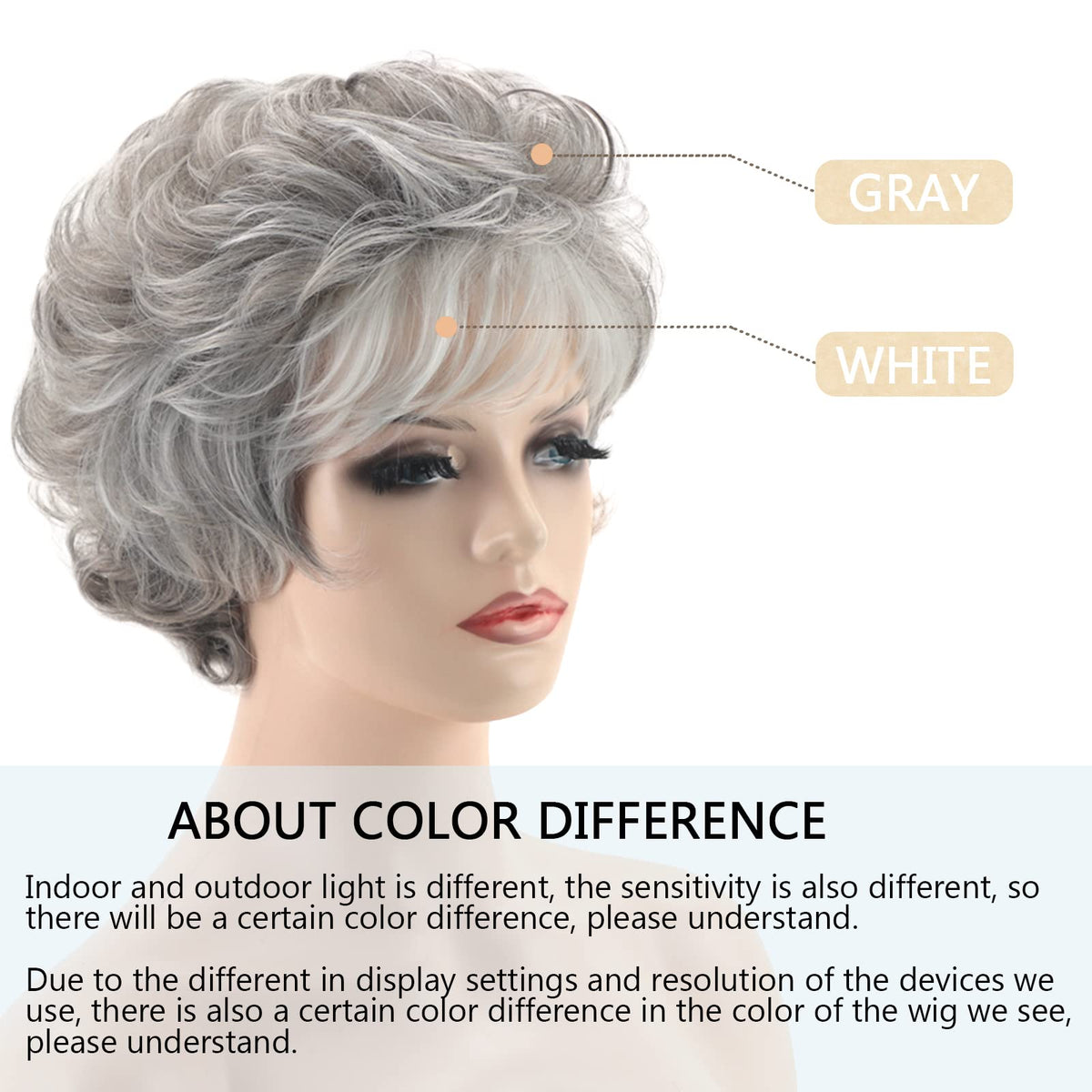 TISHINING short grey curly wig bangs detail shows face-framing fringe for easy styling.