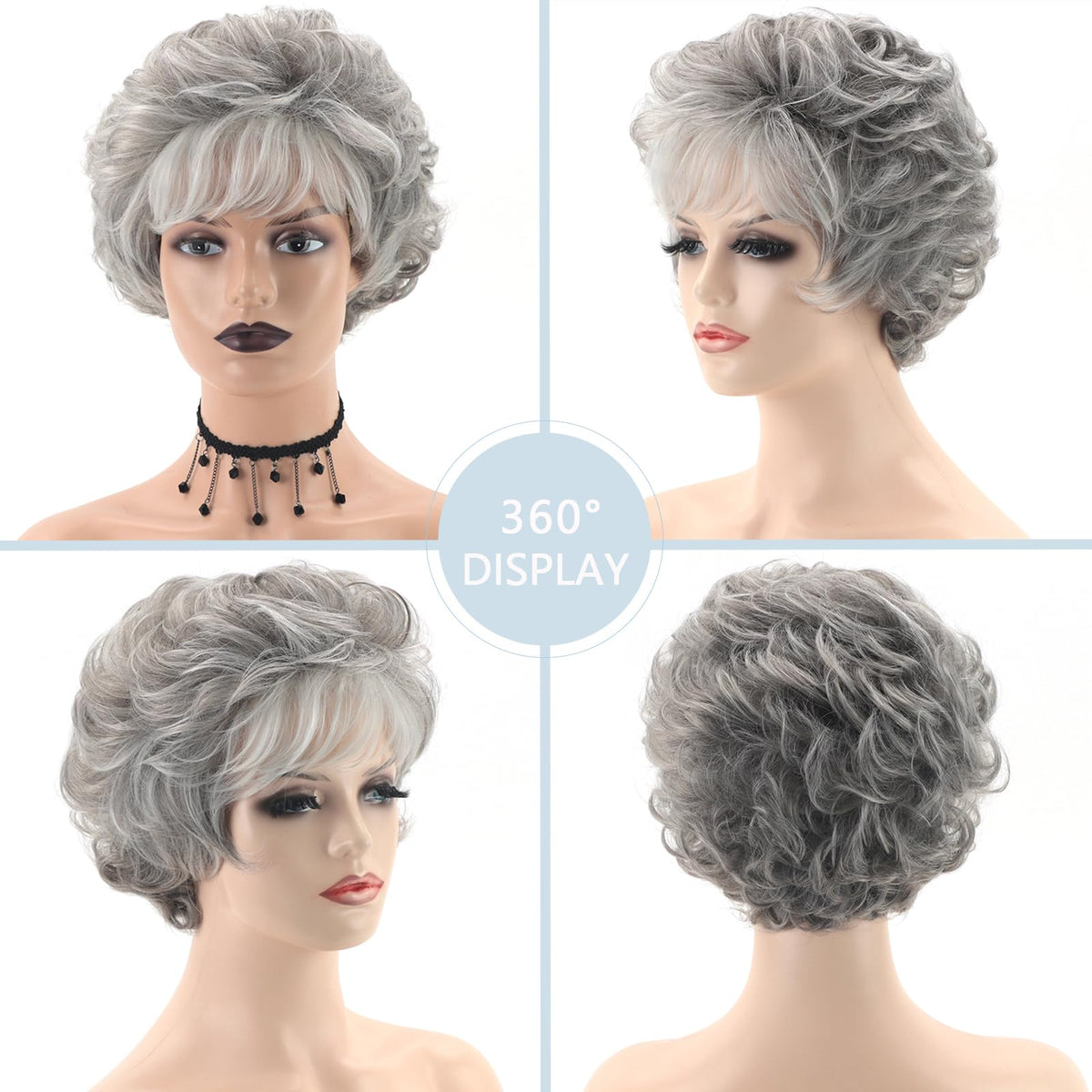 TISHINING short grey curly wig adjustable cap detail ensures secure fit.