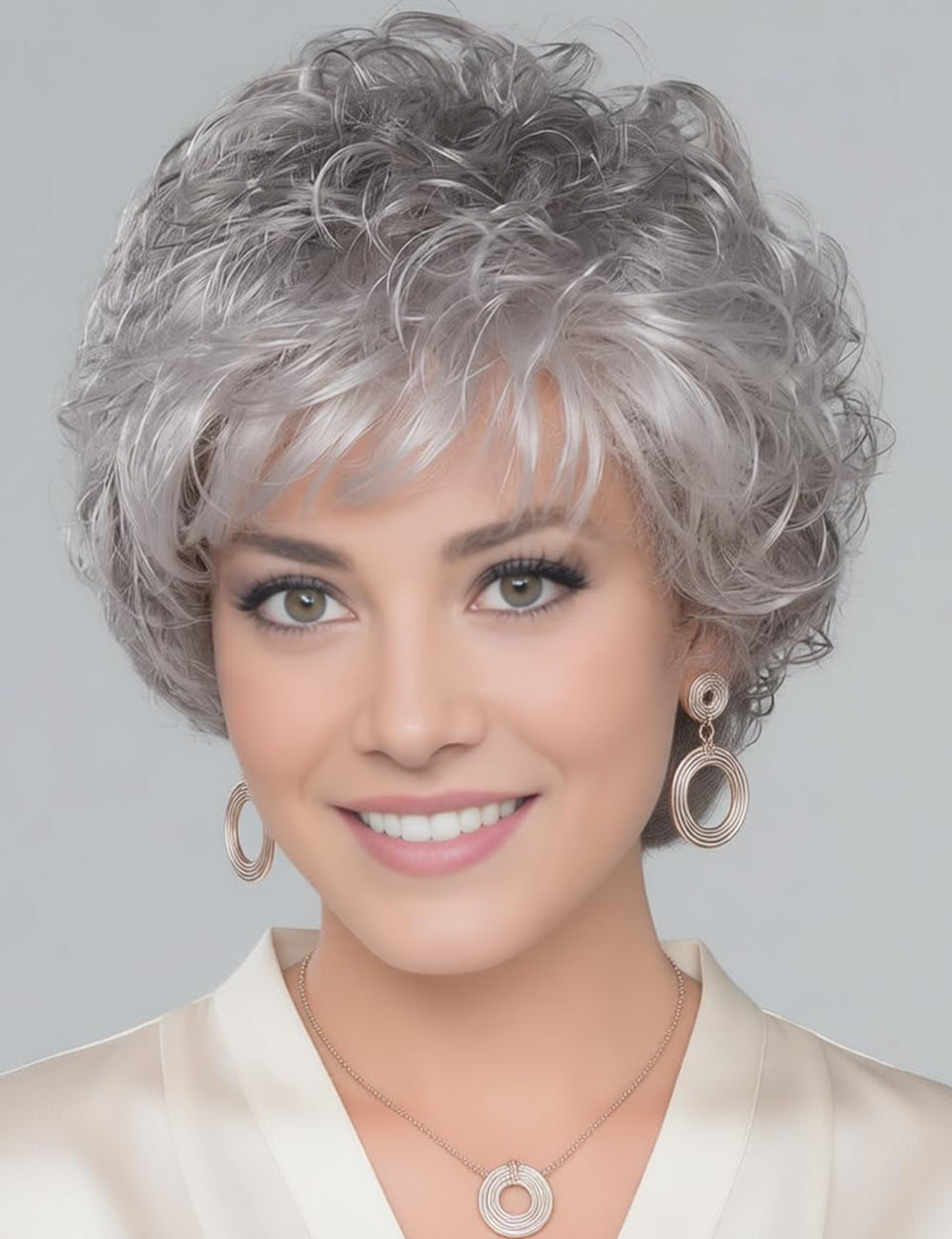 TISHINING short grey curly wig front view highlights natural texture for daily wear.