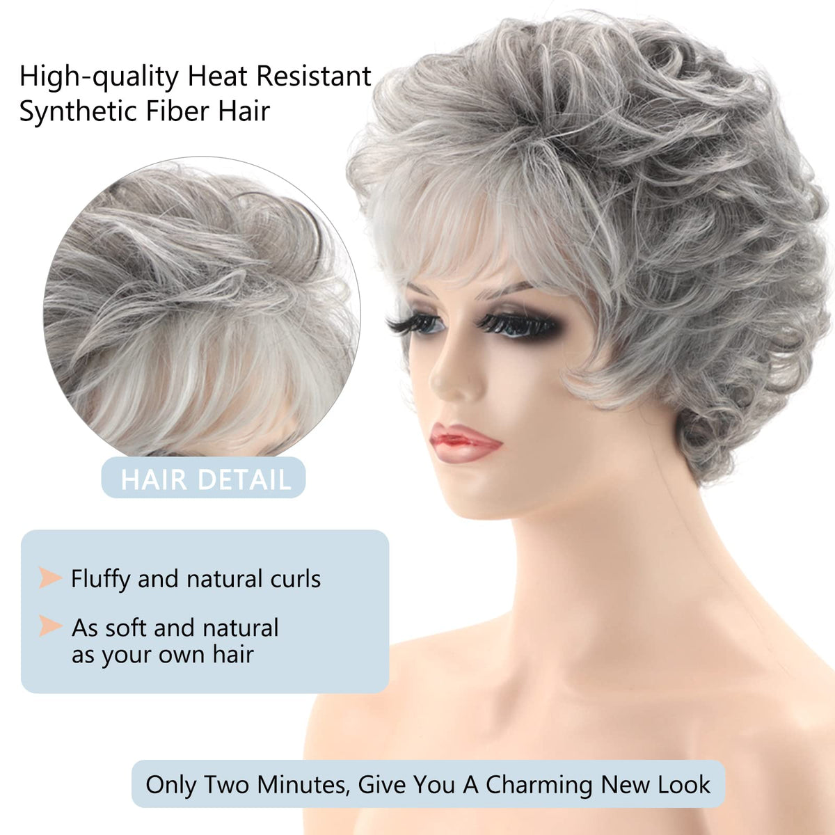 TISHINING short grey curly wig layered texture adds volume for everyday style.