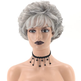 TISHINING short grey curly wig on model demonstrates lightweight, comfortable wear.
