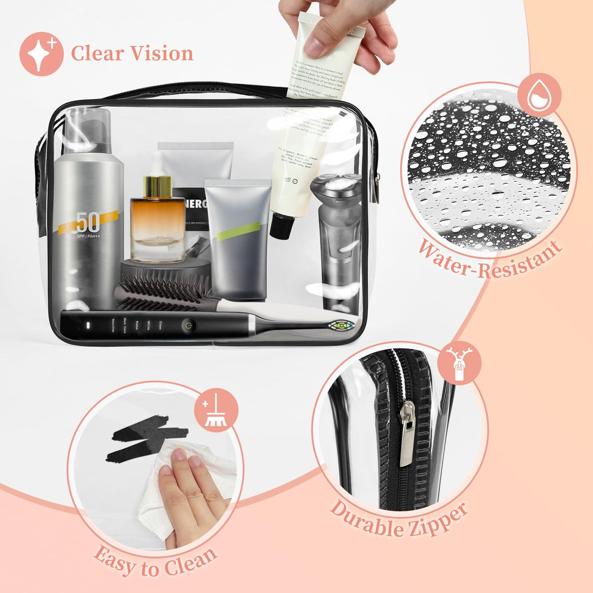 TISRATOK clear cosmetic bag water-resistant surface protects contents on trips