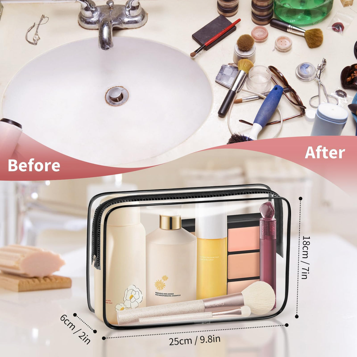 TISRATOK clear makeup bag zipper closure ensures secure storage during travel