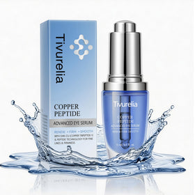 Tivurelia copper peptide eye serum bottle showcasing sleek packaging for daily eye care.