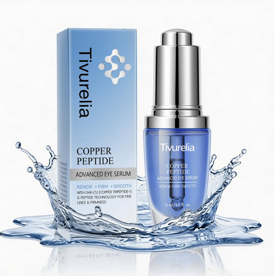 Tivurelia copper peptide eye serum bottle showcasing sleek packaging for daily eye care.