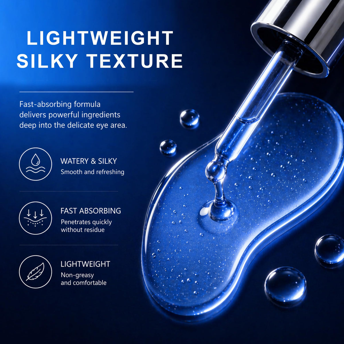 Tivurelia eye serum texture close up highlights silky, quick absorbing formula.