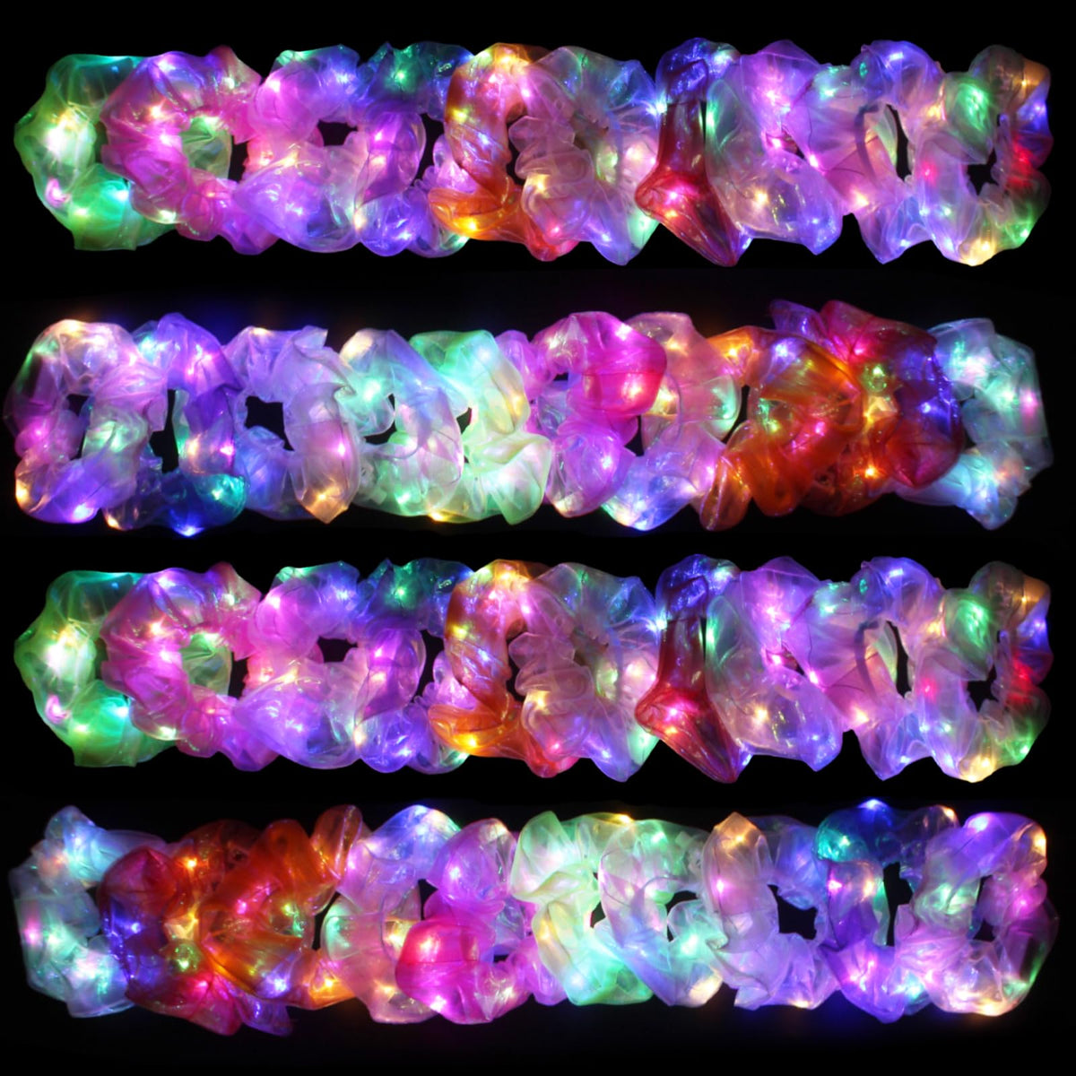 TIZAPIB LED scrunchies pack shot highlighting 40 glow-in-the-dark hair ties for parties