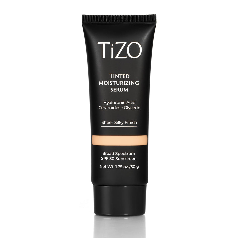 TIZO tinted moisturizing serum bottle with SPF 30 shown for daily protection and glow