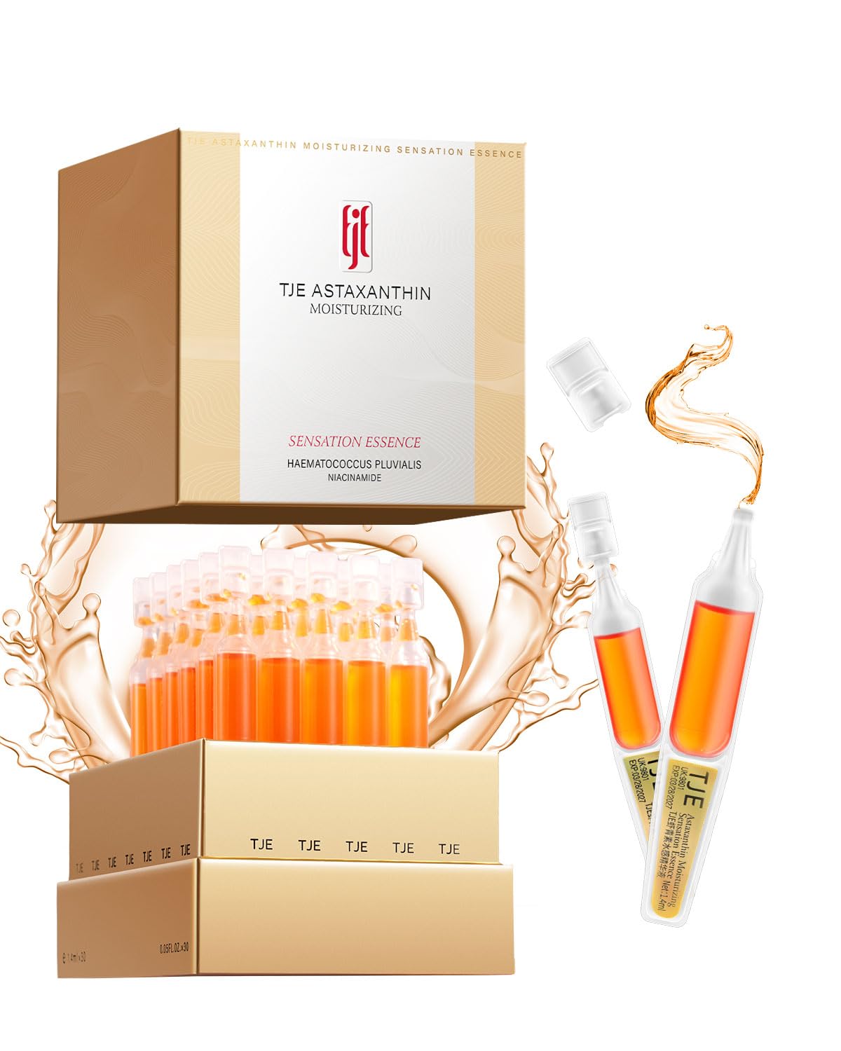 TJE Astaxanthin Serum Ampoules packaging shows sealed vials for freshness.