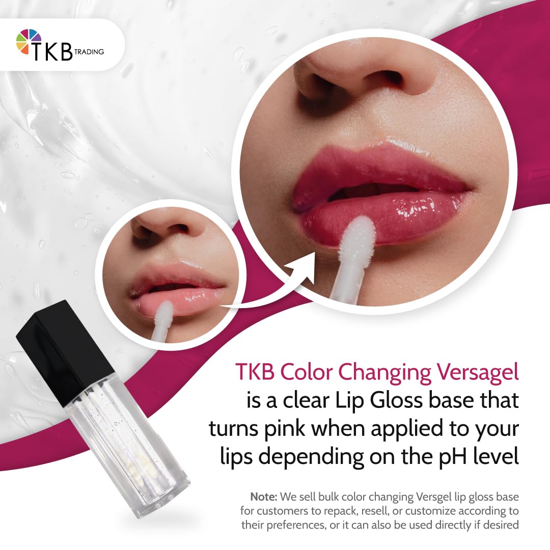 Versagel lip gloss base pink color swatch on lips, customizable and non-sticky