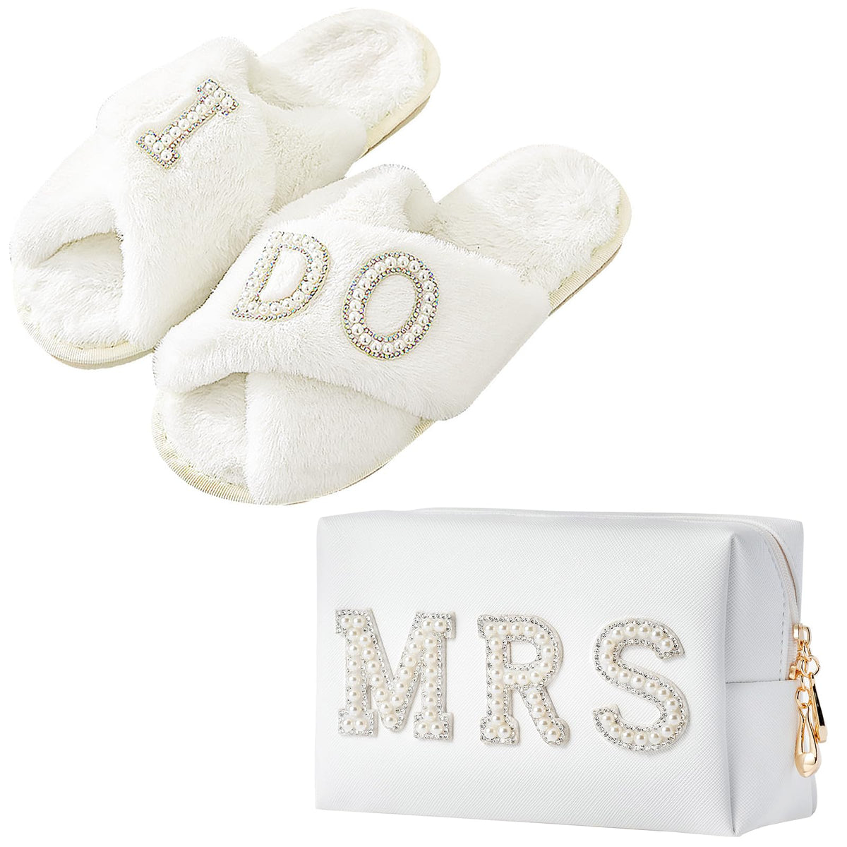 Tkifoda bride makeup bag with rhinestone MRS patch for elegant storage