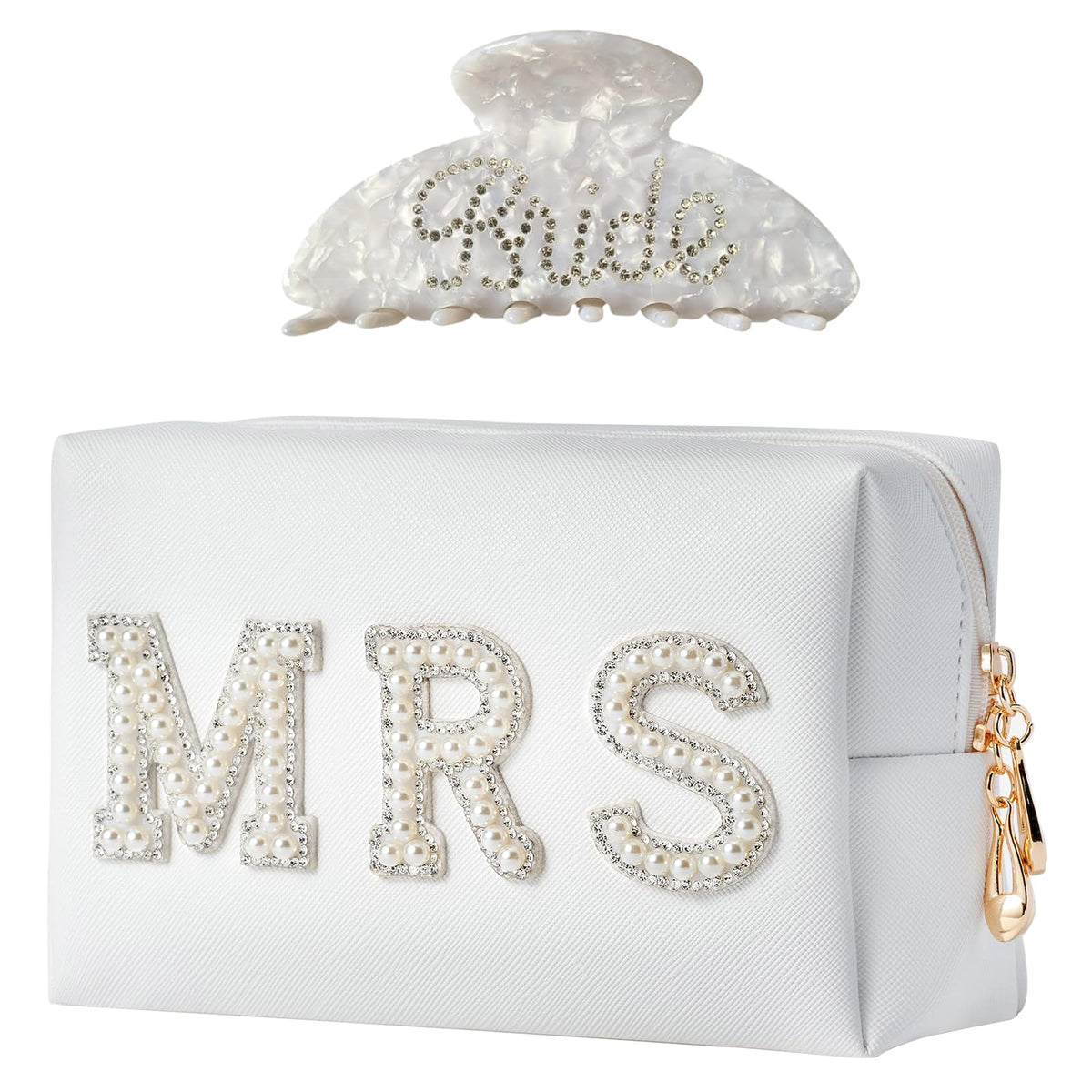 Tkifoda bride makeup bag with rhinestone accents for elegant wedding day storage.