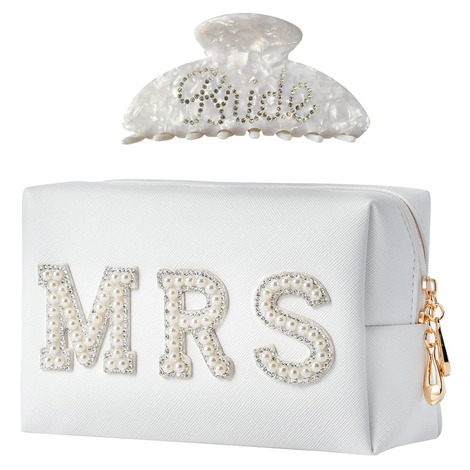 Tkifoda bride makeup bag with rhinestone accents for elegant wedding day storage.