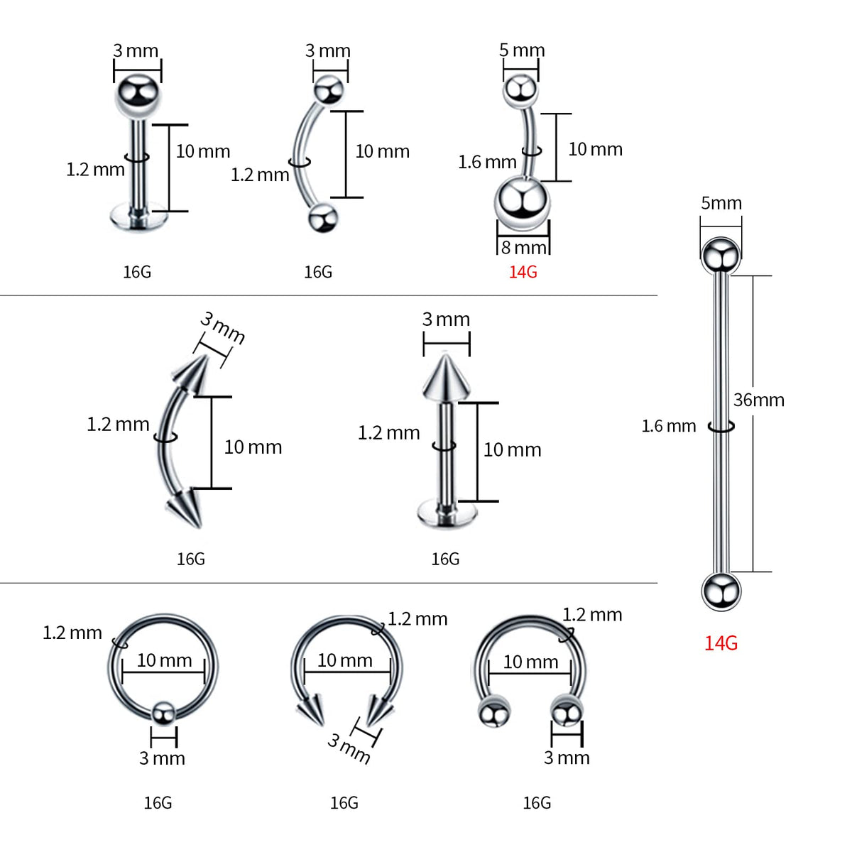 TKKUY 16G curved barbells and labret studs shown for comfortable daily wear