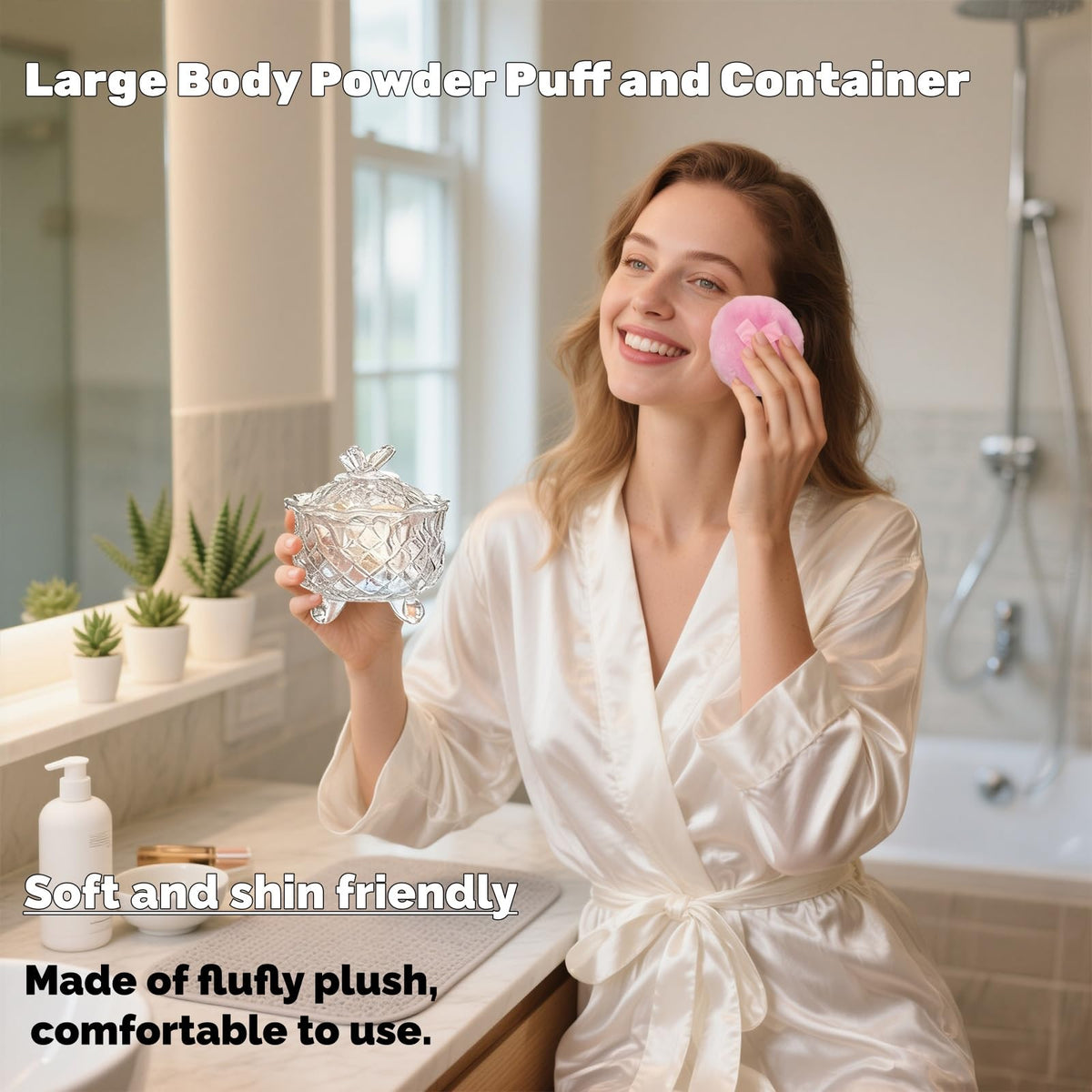 Tlence clear glass dish shows powder puffs neatly while saving vanity space.