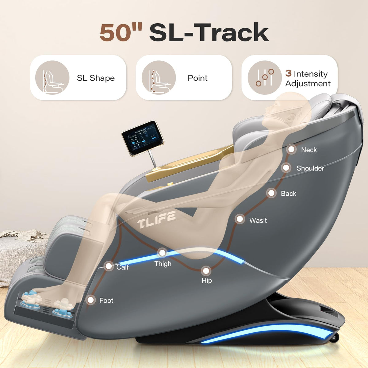 TLIFE heating provides warm comfort during extended massage sessions.