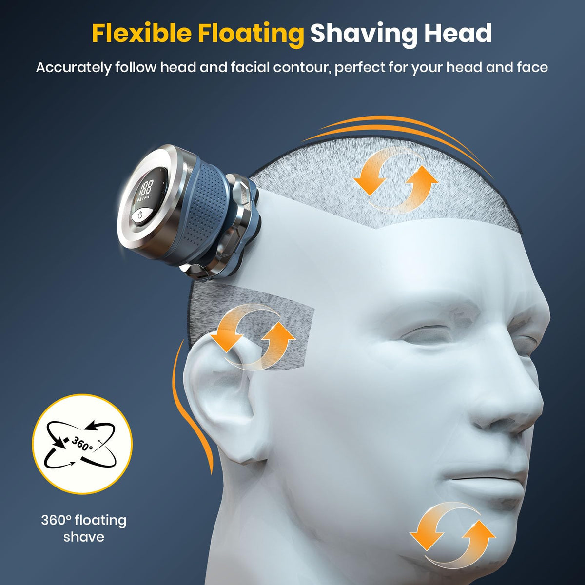 TLMUSE 7D shaver on bald head showing smooth glide and comfort