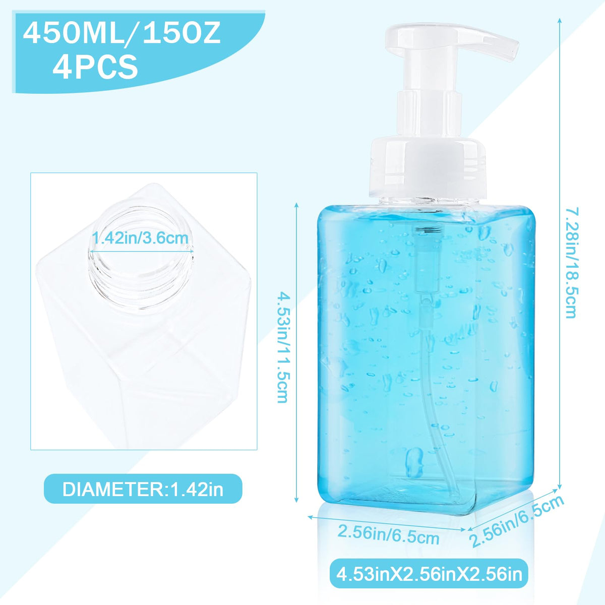 TMLECE TM square clear bottle with foam pump for smooth foam delivery.