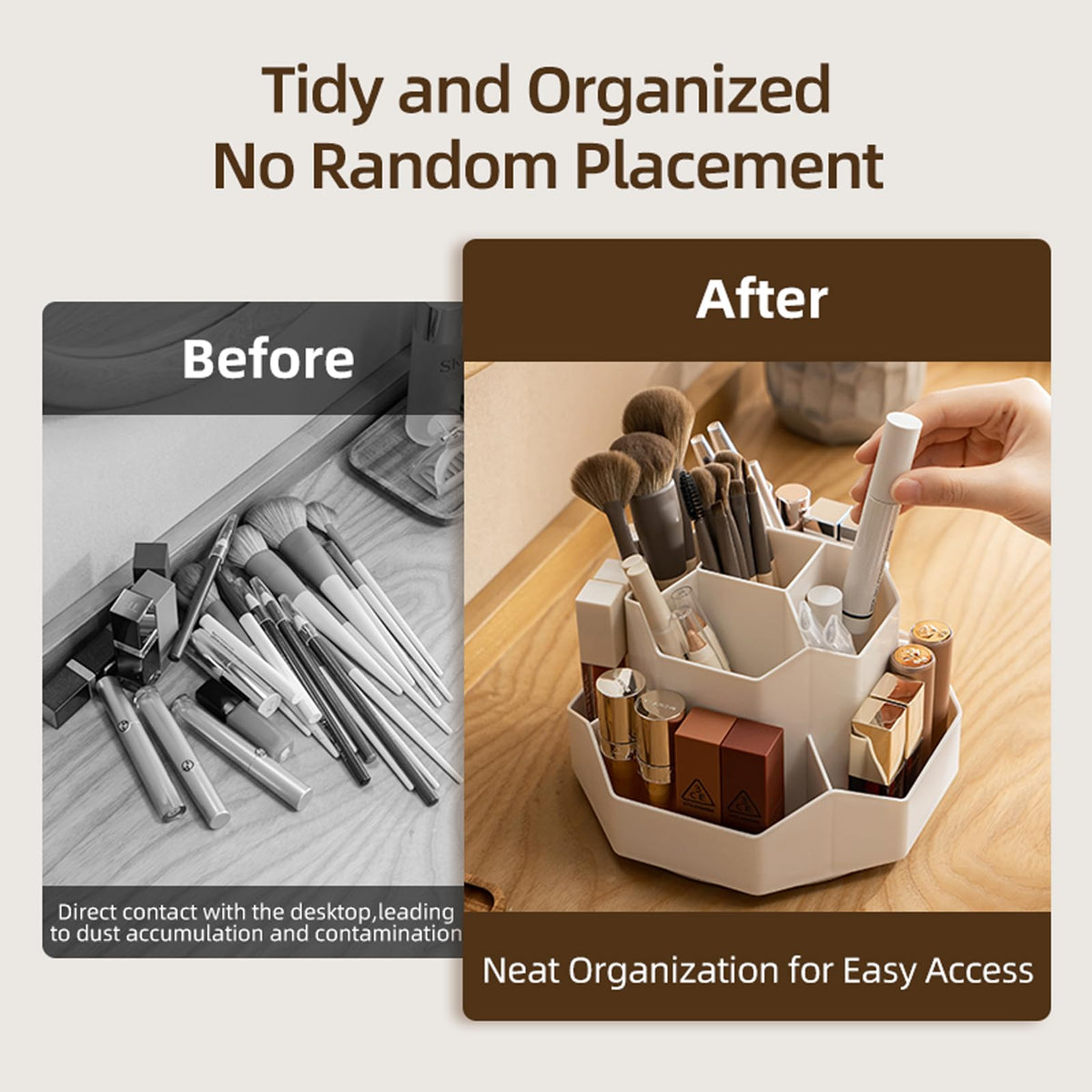 TNDCKP large-capacity compartments neatly separate brushes, lipsticks, and polishes.