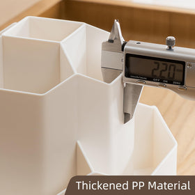TNDCKP white makeup storage helps keep skincare items organized.