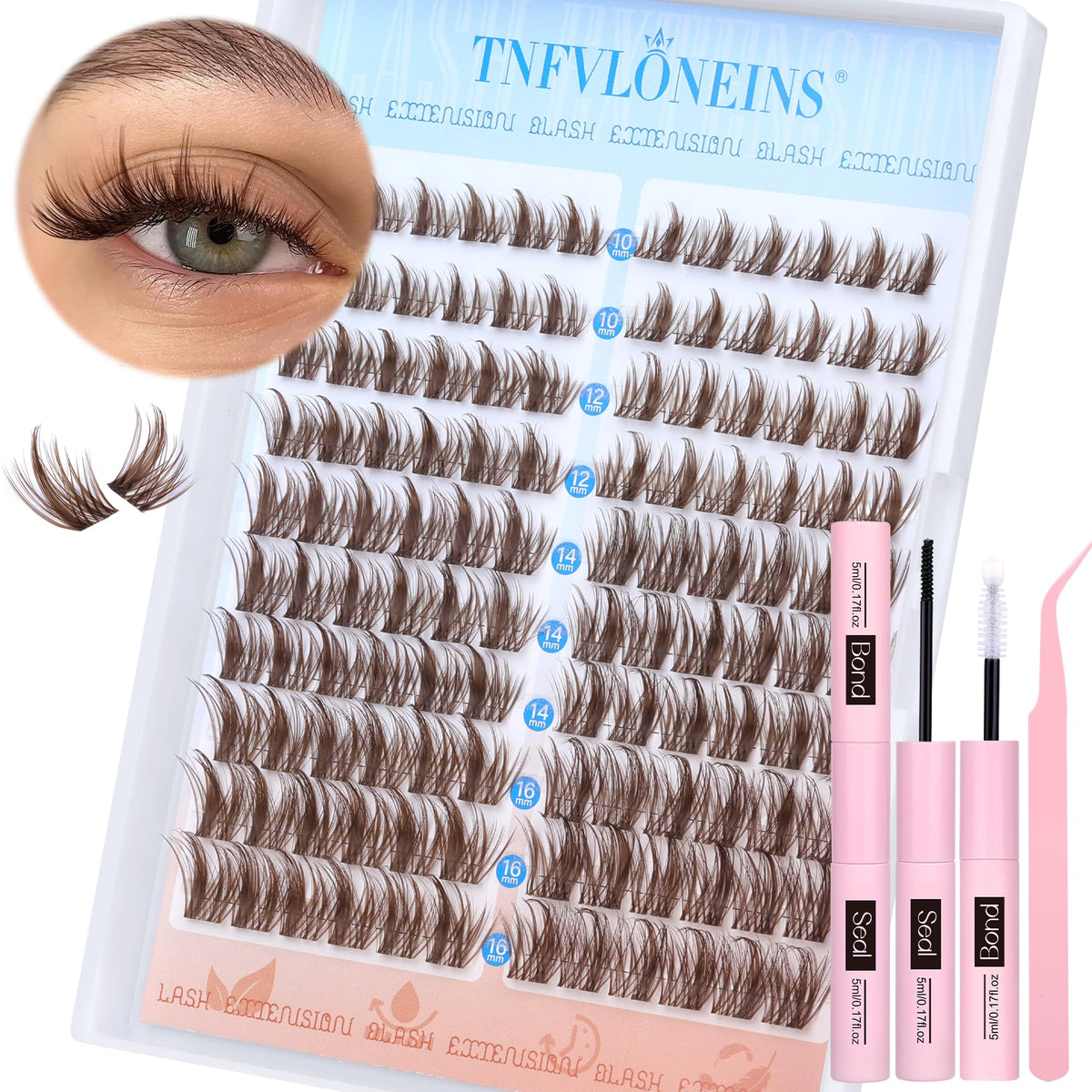 TNFVLONEINS brown manga lash clusters kit packaging for quick, easy application.