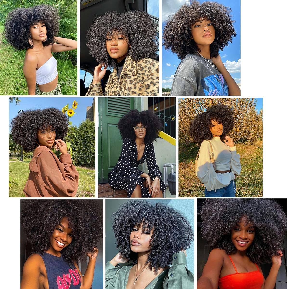 TNICE model wearing Afro kinky curls demonstrates natural look