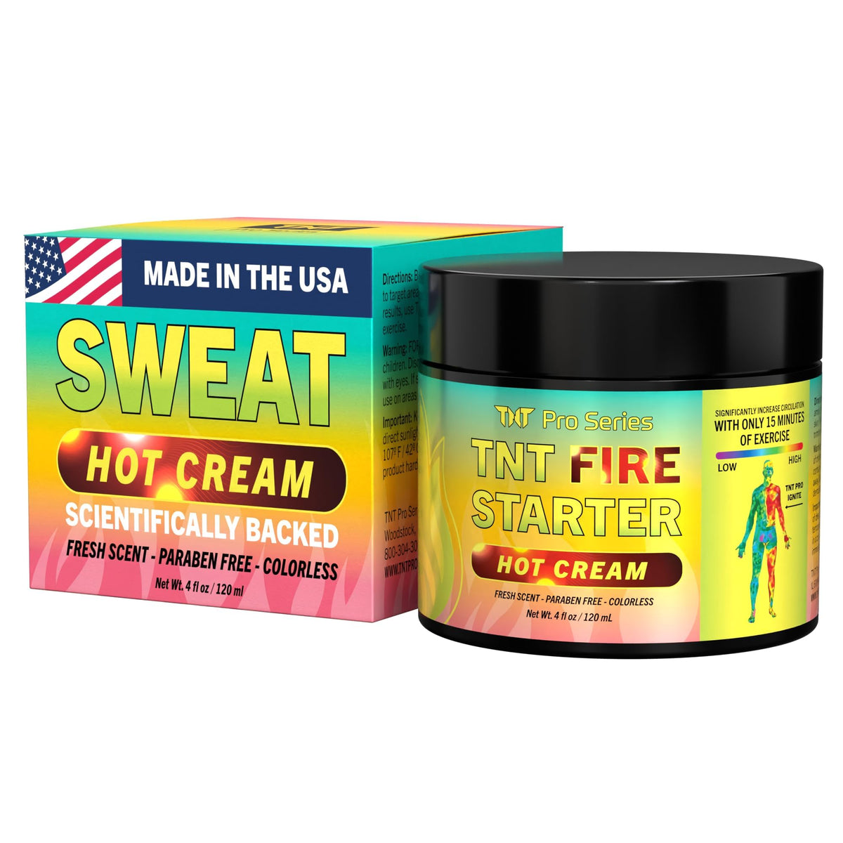 TNT Pro Series Hot Sweat Cream bottle shown for gym use, boosting sweat during workouts.