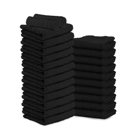 TOALLA 24-pack black towels pack shot showing 16x27 size and bulk value