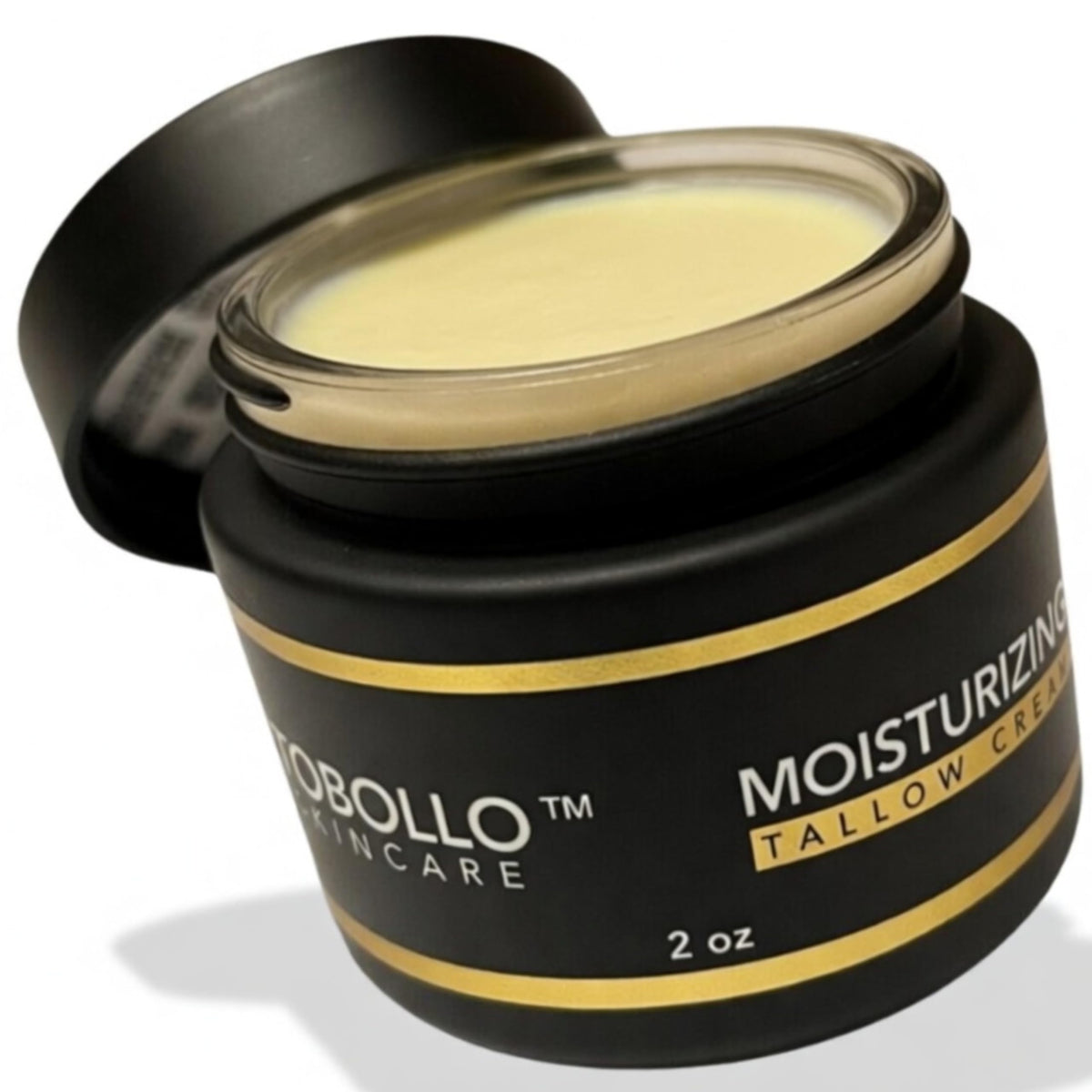 Tobollo beef tallow moisturizer jar close-up shows creamy texture for hydration