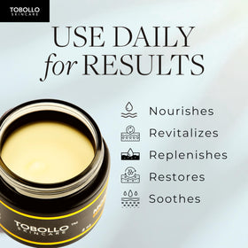 Tobollo application helps dry or irritated skin feel calmer