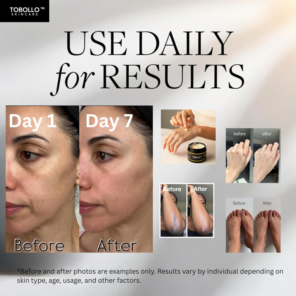 Tobollo product shown for face, body, and hands care